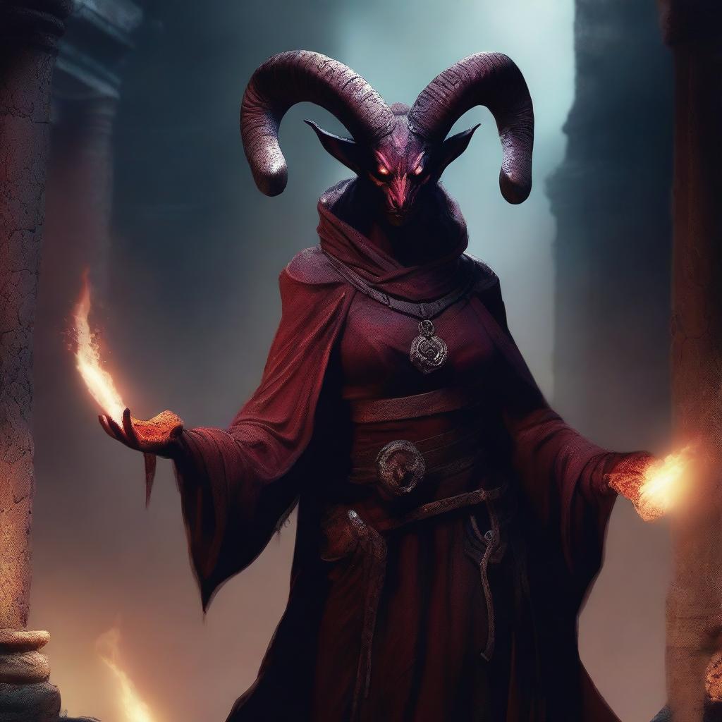 Create an image of a scary looking female tiefling with ram horns