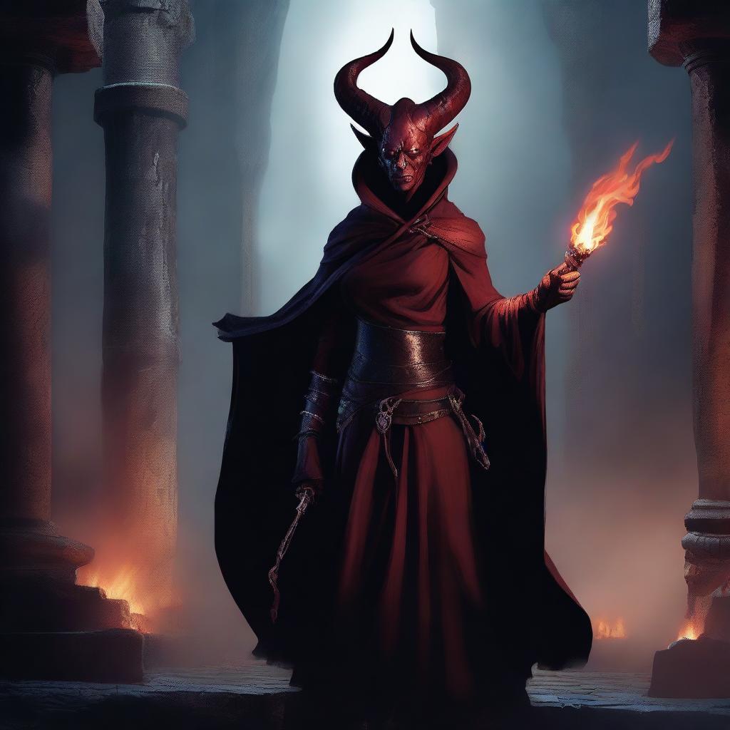 Create an image of a scary looking female tiefling with curved horns