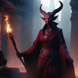 Create an image of a scary looking female tiefling with curved horns