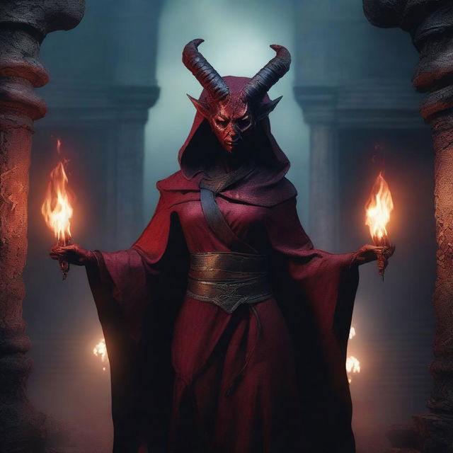 Create an image of a scary looking female tiefling with curved horns