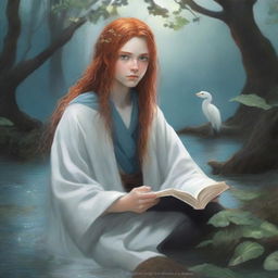 A book cover showcasing a 15-year-old boy with long red hair sitting by a pond surrounded by trees