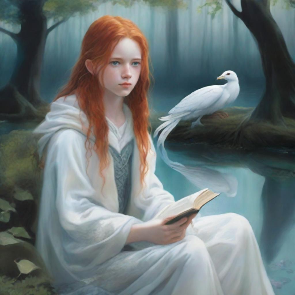 A book cover showcasing a 15-year-old boy with long red hair sitting by a pond surrounded by trees