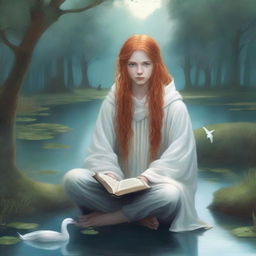 A book cover showcasing a 15-year-old boy with long red hair sitting by a pond surrounded by trees