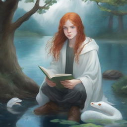 A book cover showcasing a 15-year-old boy with long red hair sitting by a pond surrounded by trees