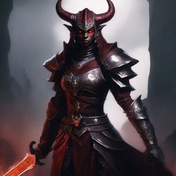 Create an image of a scary looking female tiefling paladin