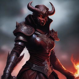 Create an image of a scary looking female tiefling paladin