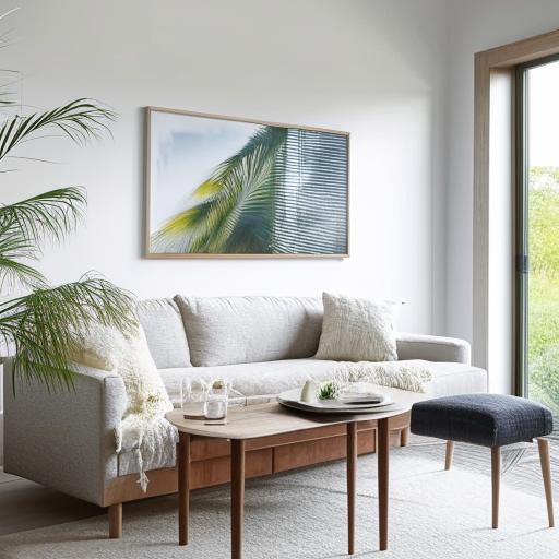 A stylish, modern showhome standard living room interior with natural light pouring in, a cozy sofa, a chic coffee table, trendy wall art and lush indoor plants.