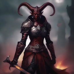 Create an image of a scary looking female tiefling paladin