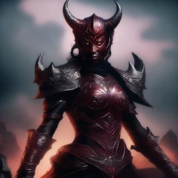 Create an image of a scary looking female tiefling paladin