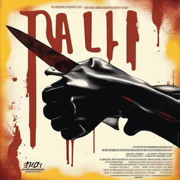 Design a giallo style movie poster featuring a leather gloved hand holding a knife tainted with blood