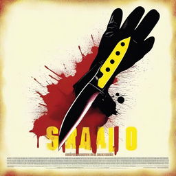 Design a giallo style movie poster featuring a leather gloved hand holding a knife tainted with blood