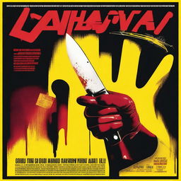 Design a giallo style movie poster featuring a leather gloved hand holding a knife tainted with blood