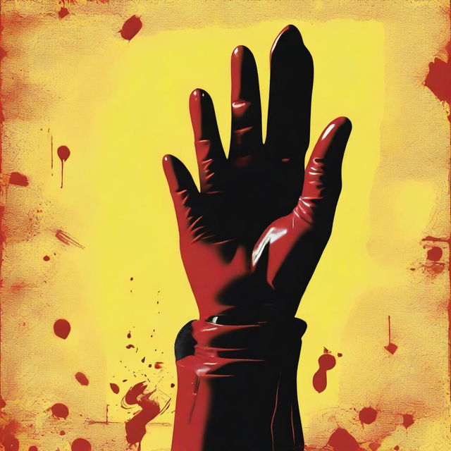 Design a giallo style movie poster featuring a leather gloved hand holding a knife tainted with blood