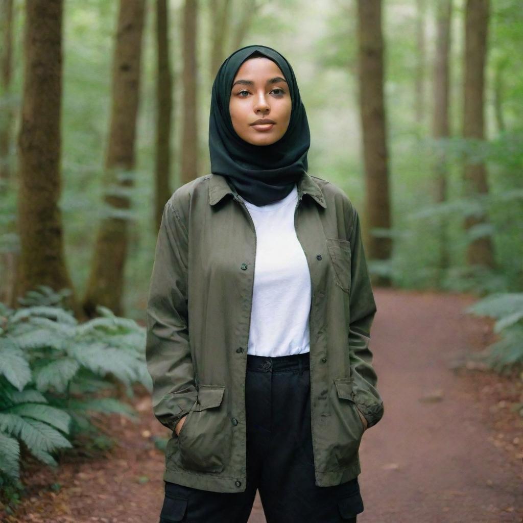 A serene girl dressed in a soft brown hijab, a dark green coach jacket with a white t-shirt underneath, paired with black cargo pants, all set against a lush forest backdrop.