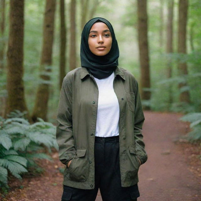 A serene girl dressed in a soft brown hijab, a dark green coach jacket with a white t-shirt underneath, paired with black cargo pants, all set against a lush forest backdrop.