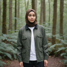 A serene girl dressed in a soft brown hijab, a dark green coach jacket with a white t-shirt underneath, paired with black cargo pants, all set against a lush forest backdrop.