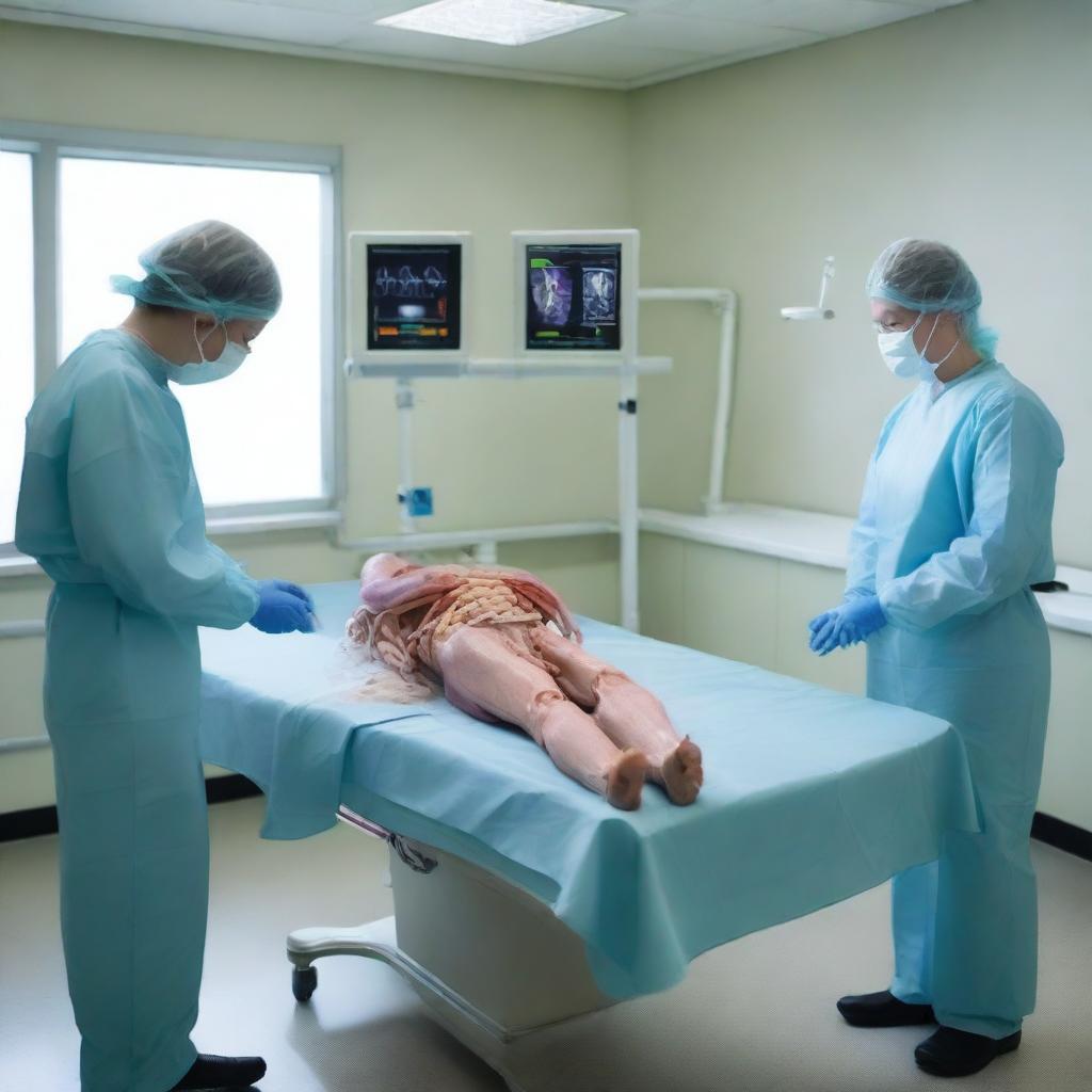 A detailed and realistic scene from an autopsy simulator, showcasing a sterile and clinical environment