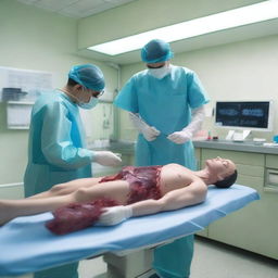 A detailed and realistic scene from an autopsy simulator, showcasing a sterile and clinical environment