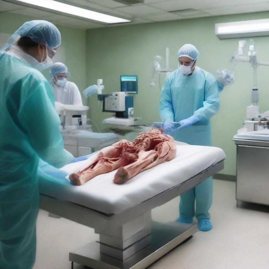 A detailed and realistic scene from an autopsy simulator, showcasing a sterile and clinical environment