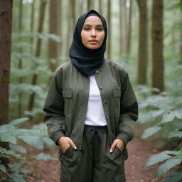 A serene girl dressed in a soft brown hijab, a dark green coach jacket with a white t-shirt underneath, paired with black cargo pants, all set against a lush forest backdrop.