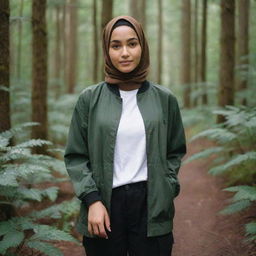 A serene girl dressed in a soft brown hijab, a dark green coach jacket with a white t-shirt underneath, paired with black cargo pants, all set against a lush forest backdrop.