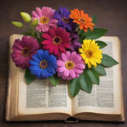 A captivating image of a variety of vibrant flowers mysteriously blooming out from the open pages of an antique book.