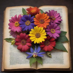 A captivating image of a variety of vibrant flowers mysteriously blooming out from the open pages of an antique book.