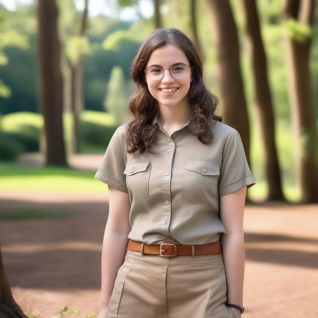 A 19-year-old Caucasian girl with brown hair, brown eyes, and transparent glasses