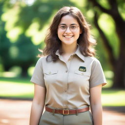 A 19-year-old Caucasian girl with brown hair, brown eyes, and transparent glasses