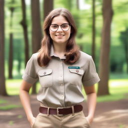 A 19-year-old Caucasian girl with brown hair, brown eyes, and transparent glasses