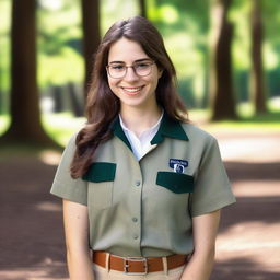 A 19-year-old Caucasian girl with brown hair, brown eyes, and transparent glasses