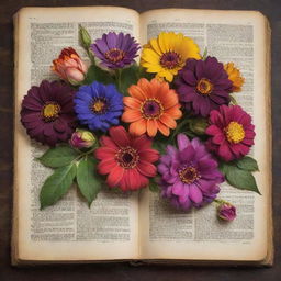 A captivating image of a variety of vibrant flowers mysteriously blooming out from the open pages of an antique book.