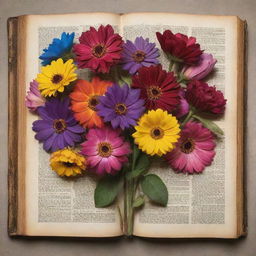 A captivating image of a variety of vibrant flowers mysteriously blooming out from the open pages of an antique book.