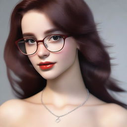 Create a realistic image of a 19-year-old Caucasian girl with dark red (almost brown) hair, brown eyes with a small eyeliner, and a small sparkle under each eye