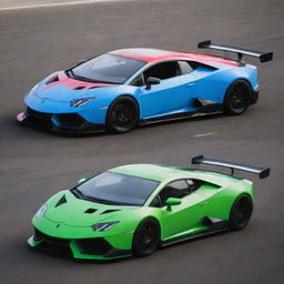 Lamborghini cars reimagined as drift racing cars, complete with performance modifications, custom paint jobs, aerodynamics for drifting and a wild, rebellious aesthetics.