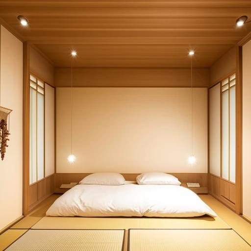 Comfortable Japandi-style bedroom, 5 meters by 4 meters, illuminated by hanging lights. Features include a king-size bed, Lenin curtains, HDF flooring, a flat false ceiling, magnetic tracks, and an open dressing room, all in an off-white color scheme.