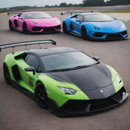 Lamborghini cars reimagined as drift racing cars, complete with performance modifications, custom paint jobs, aerodynamics for drifting and a wild, rebellious aesthetics.