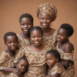 An African mother gracefully embracing her five children. Two boys and three girls, with two of the girls having fair skin complexion, all arrayed in traditional African attire, in a warm, homely setting.