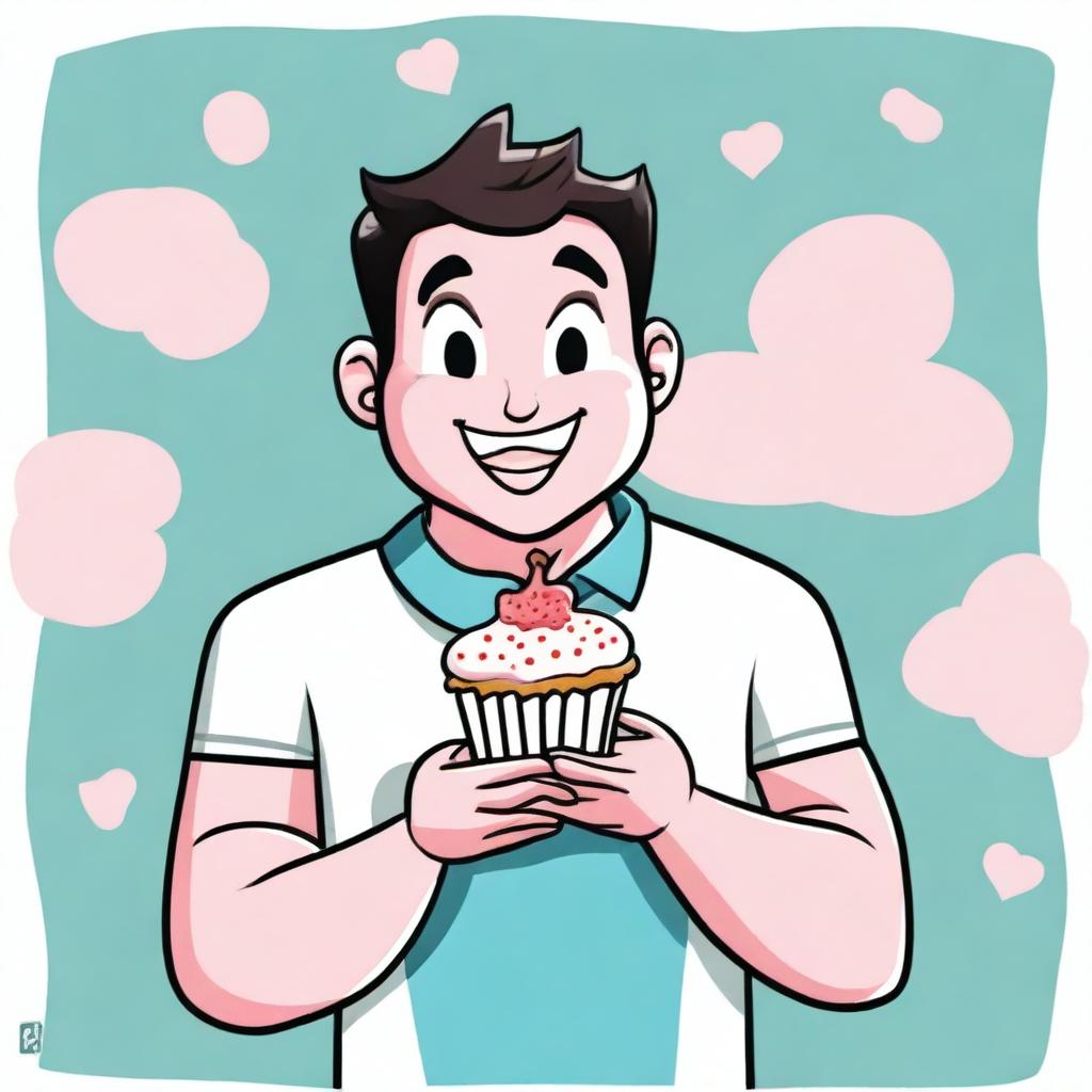 A cartoonish scene featuring a character resembling EDP445 holding a cupcake