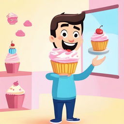 A cartoonish scene featuring a character resembling EDP445 holding a cupcake