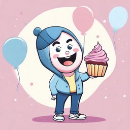 A cartoonish scene featuring a character resembling EDP445 holding a cupcake