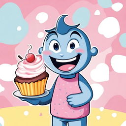 A cartoonish scene featuring a character resembling EDP445 holding a cupcake