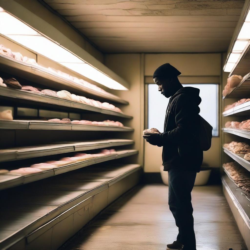 A black man searching for a cupcake in an abandoned store