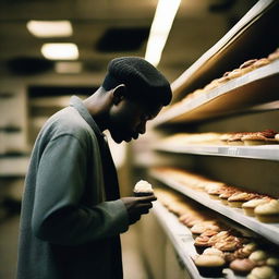 A black man searching for a cupcake in an abandoned store