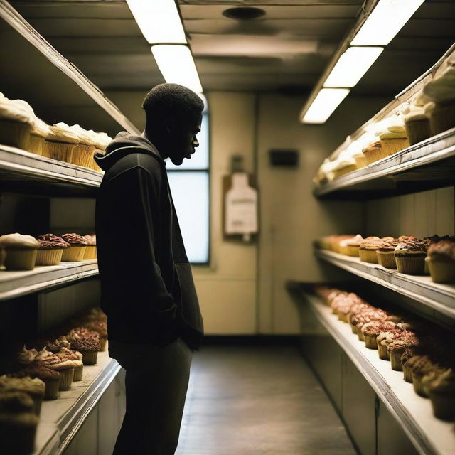 A black man searching for a cupcake in an abandoned store