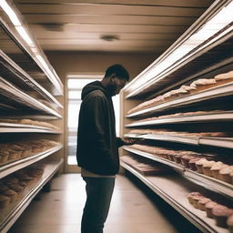 A black man searching for a cupcake in an abandoned store