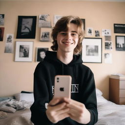 A 19-year-old Caucasian boy with light brown hair styled in a mullet haircut, wearing a black sweatshirt, taking a selfie in his room