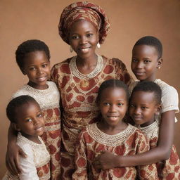 An African mother gracefully embracing her five children. Two boys and three girls, with two of the girls having fair skin complexion, all arrayed in traditional African attire, in a warm, homely setting.