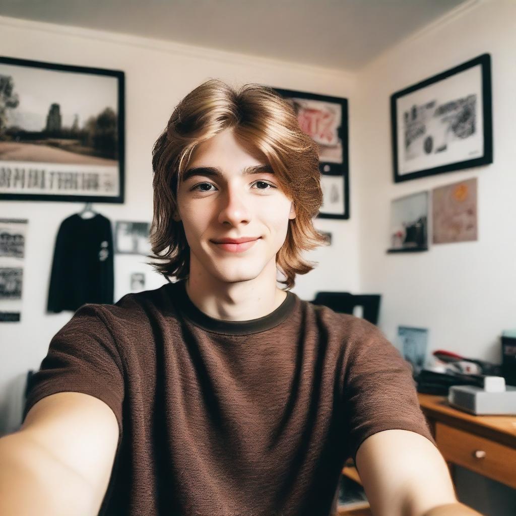 A 19-year-old Caucasian boy with light brown hair styled in a mullet haircut, wearing a black sweatshirt, taking a selfie in his room