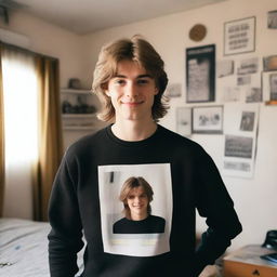 A 19-year-old Caucasian boy with light brown hair styled in a mullet haircut, wearing a black sweatshirt, taking a selfie in his room